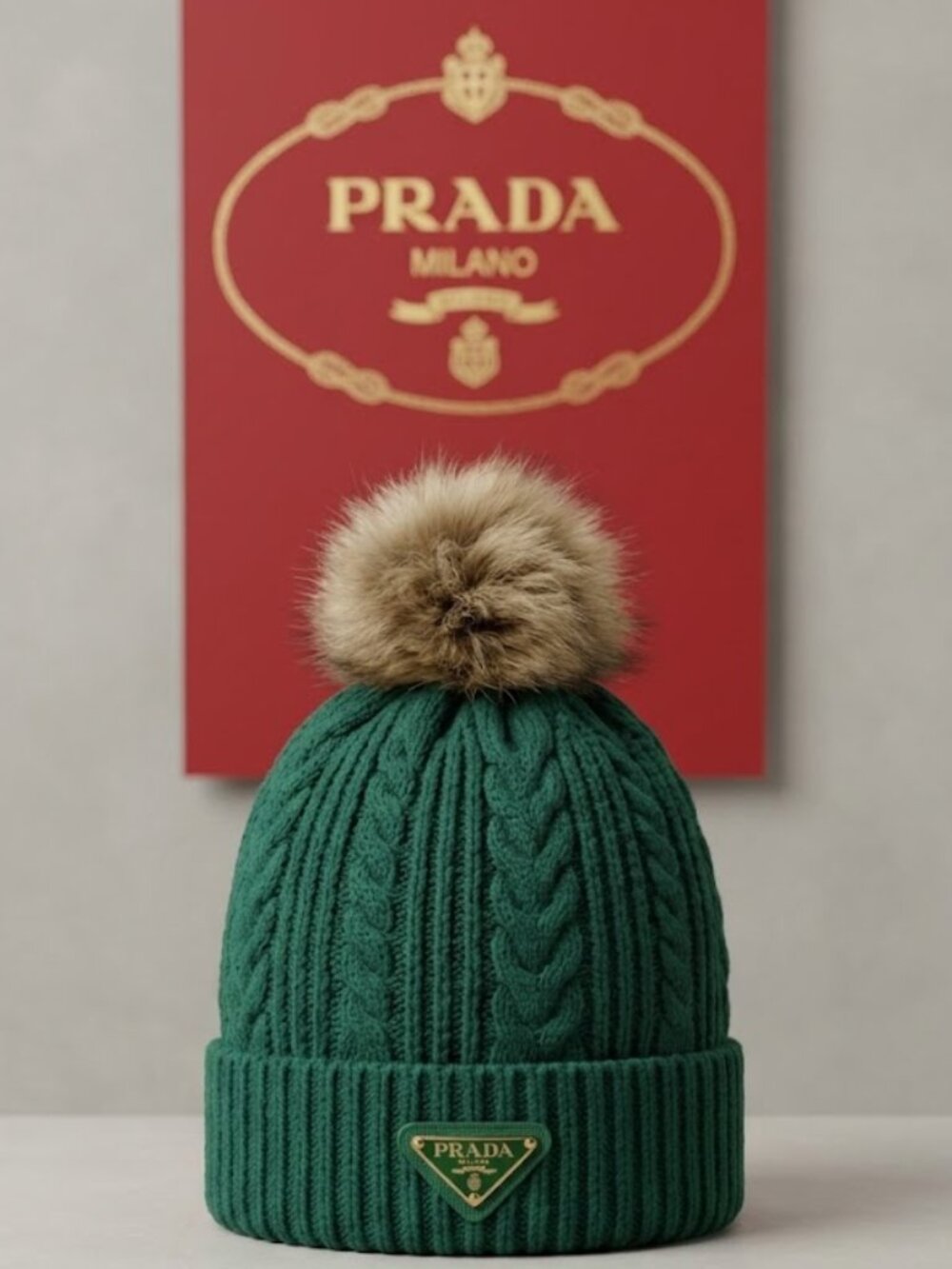 PRADA Cable Knit Lux Pom Pom Hat (RARE Limited Edition Color) - NEW